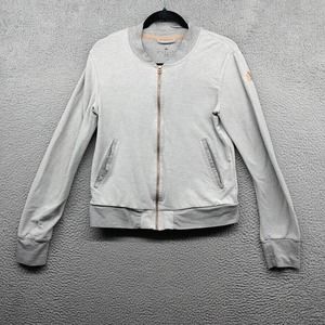 Adidas Womens Bomber Jacket Gray Rose Gold Logo Full Zip Long Sleeve Size M